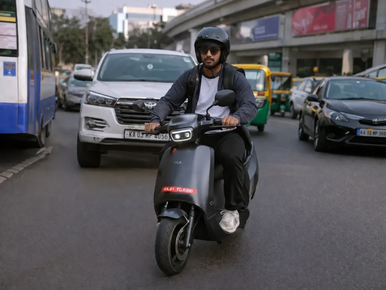 Ola S1 X 2kWh electric scooter riding in daily city commute traffic
