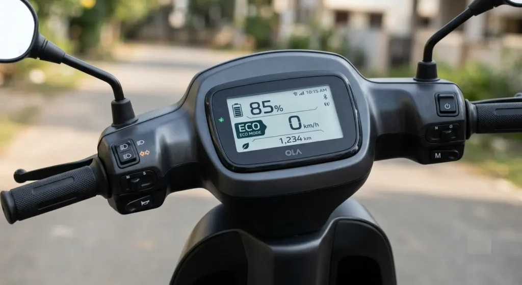 Ola S1 X 2kWh dashboard showing Eco mode selected and battery range
