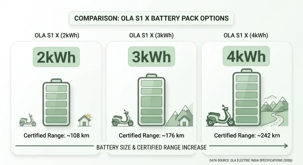 Comparison infographic of Ola S1 X 2kWh, 3kWh, and 4kWh battery variants