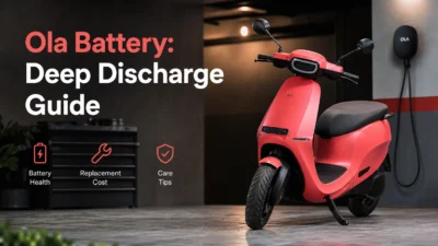 A professional hero image for Ola Scooter Battery Deep Discharge Guide featuring a modern red Ola S1 Pro in an urban setting.