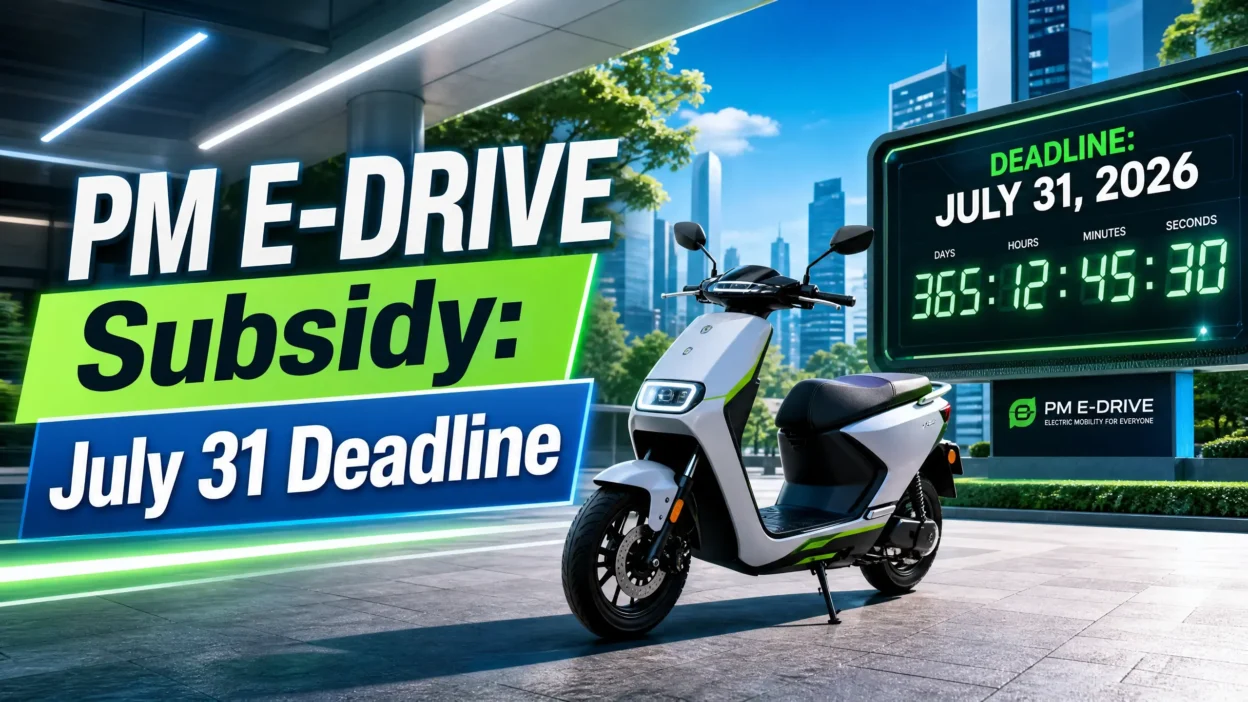 PM E-Drive subsidy electric scooter 2026 deadline featured image showing a modern electric scooter with a July 31st countdown timer.