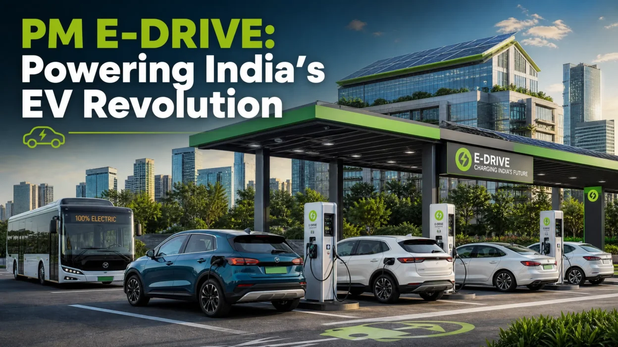 PM E-DRIVE scheme featured image showing a modern public EV charging hub in India with electric cars and buses.