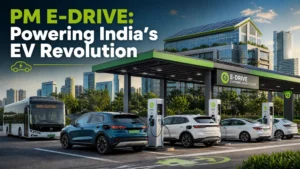 PM E-DRIVE scheme featured image showing a modern public EV charging hub in India with electric cars and buses.