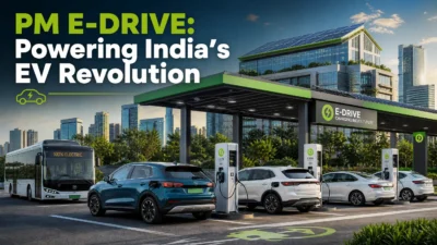 PM E-DRIVE scheme featured image showing a modern public EV charging hub in India with electric cars and buses.