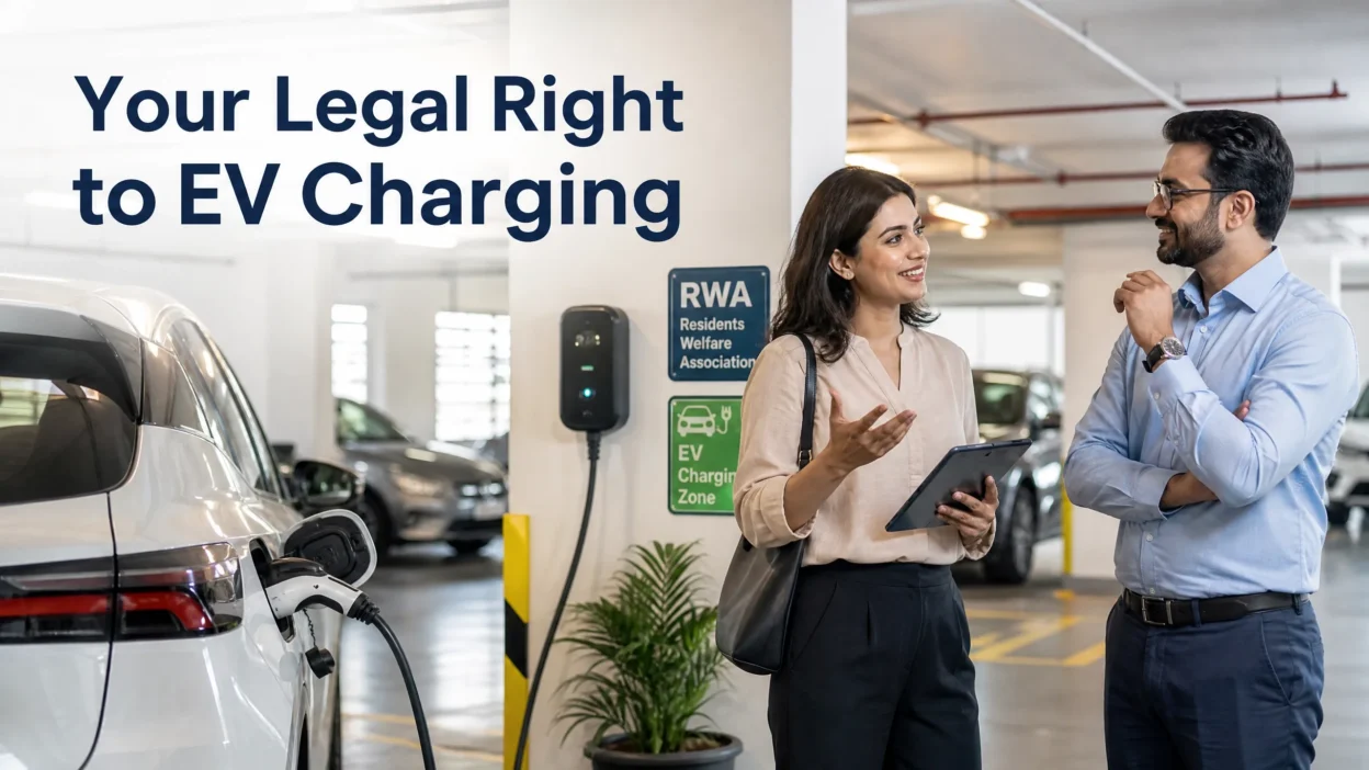 A hero image showing a resident discussing EV charging installation with an RWA member in an apartment basement parking area with a car charging.