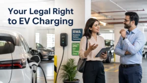 A hero image showing a resident discussing EV charging installation with an RWA member in an apartment basement parking area with a car charging.