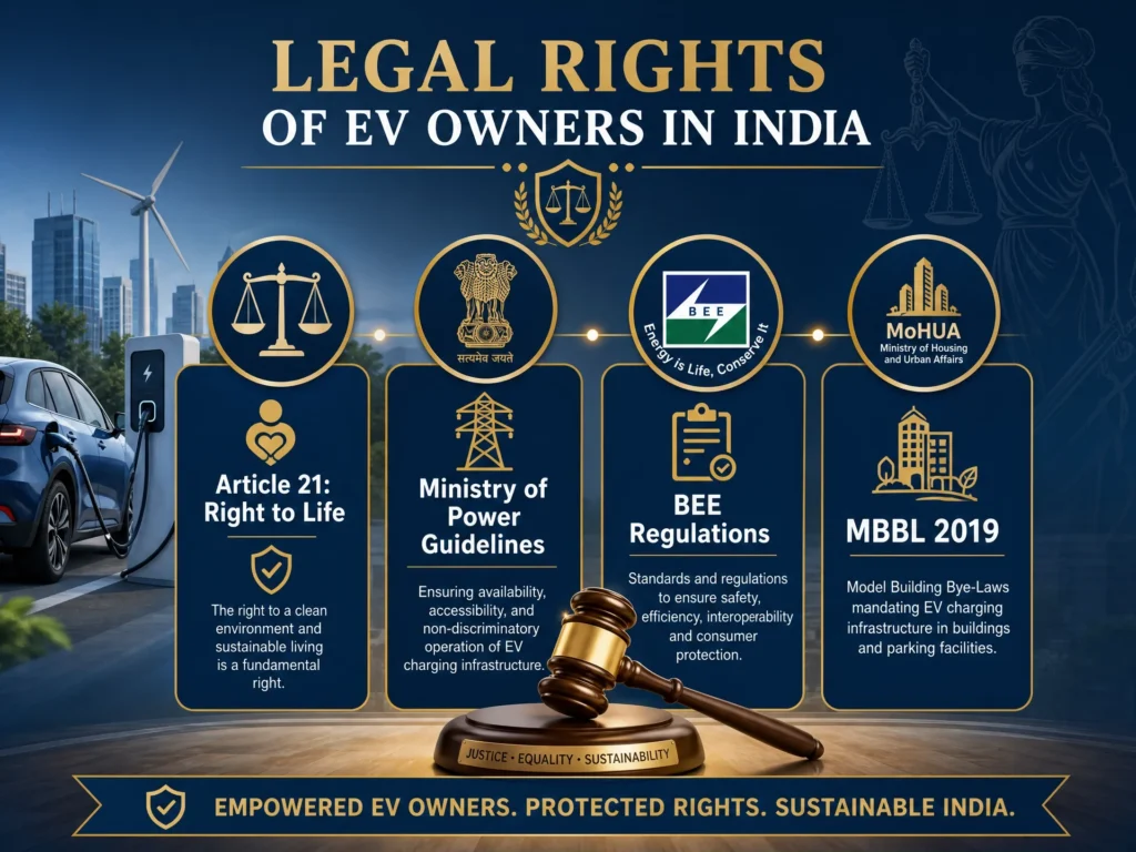 An infographic detailing the legal rights of EV owners in India, including Article 21, Ministry of Power guidelines, BEE regulations, and MBBL 2019.