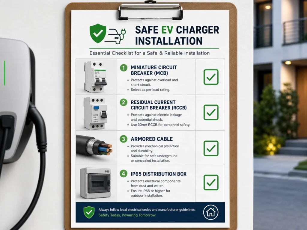 A visual checklist for safe EV charger installation in apartments, featuring MCB, RCCB, Armored Cable, and IP65 Distribution Box.