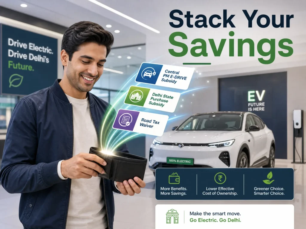 Conceptual image showing how to combine PM E-DRIVE central subsidies with Delhi state EV purchase incentives and tax waivers.