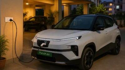 Tata Punch EV charging using a home 15A socket in an Indian residential parking area