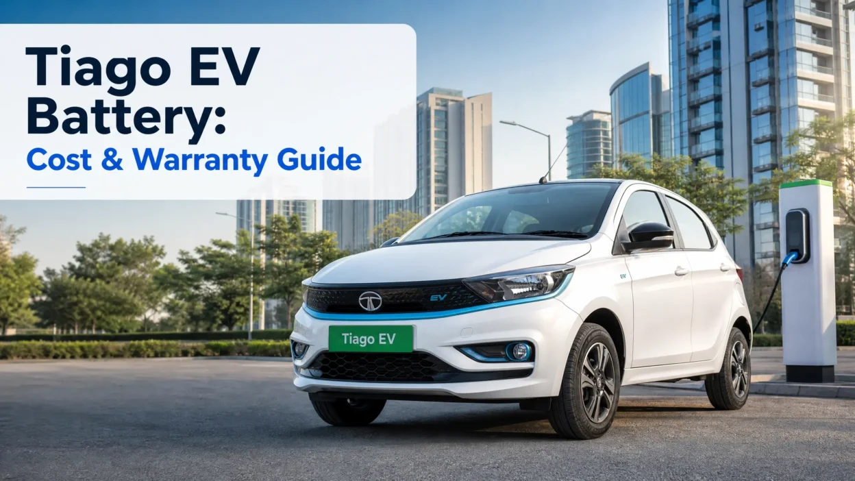 A professional hero image for Tata Tiago EV Battery Replacement Cost and Warranty Guide featuring a white Tiago EV at a charging station