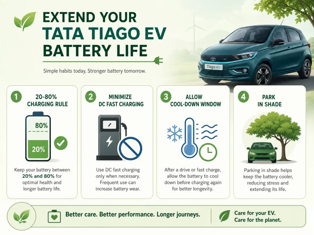 A visual checklist of tips to extend Tata Tiago EV battery life: 20-80% charging rule, minimizing fast charging, cooling down, and parking in shade.