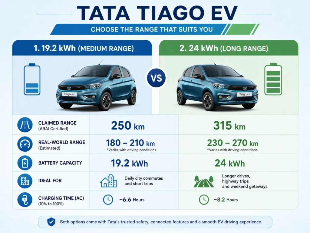 An infographic comparing Tata Tiago EV's 19.2 kWh and 24 kWh battery options, showing claimed range, real-world range, and ideal use cases