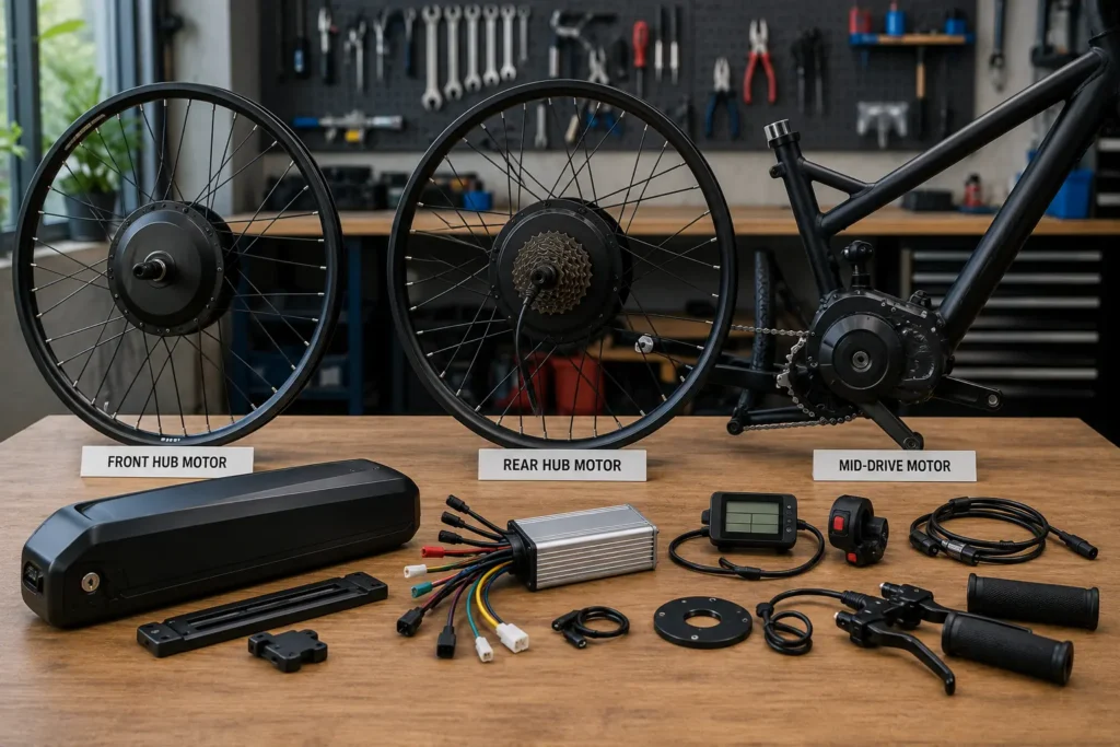 Different types of e-bike conversion kits and motor systems.