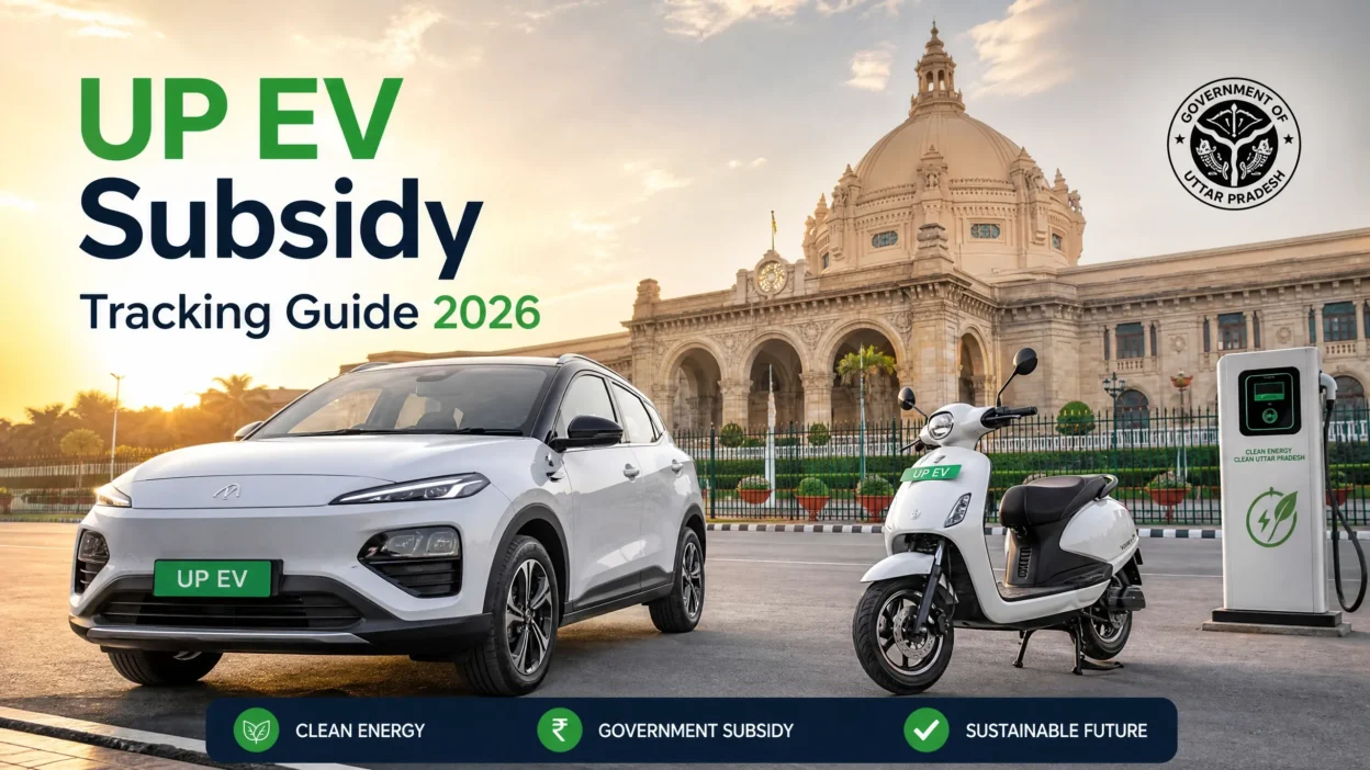 A professional hero image for Uttar Pradesh EV Subsidy Tracking Guide 2026, featuring a white electric car and scooter in front of the Vidhan Sabha building in Lucknow.