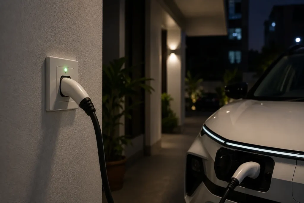 Overnight home charging setup for an electric vehicle using a household socket